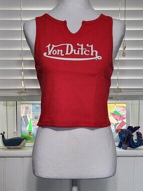 Von Dutch Red Ribbed Notch Neck Crop Tank Top
